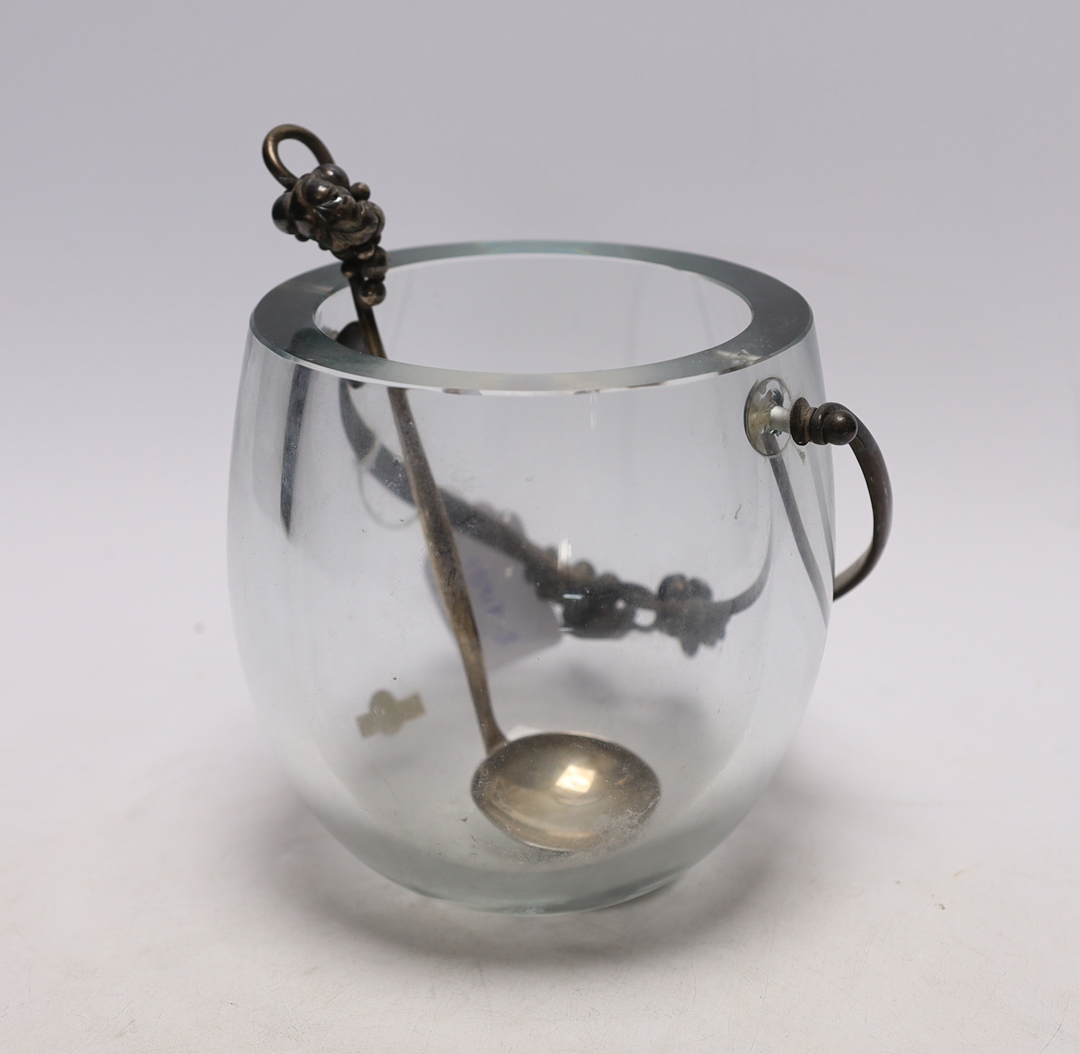 A Danish sterling mounted glass ice bucket and spoon, by Aage Weimar, the glass by Strombergshyttan, Sweden, height 14.5cm.